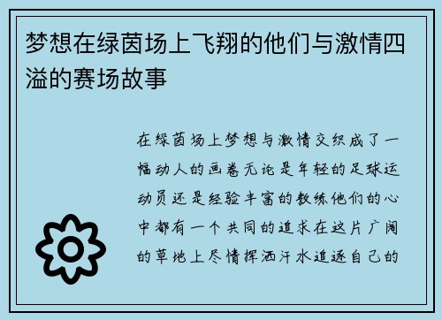 梦想在绿茵场上飞翔的他们与激情四溢的赛场故事