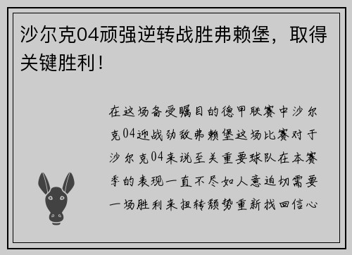 沙尔克04顽强逆转战胜弗赖堡，取得关键胜利！