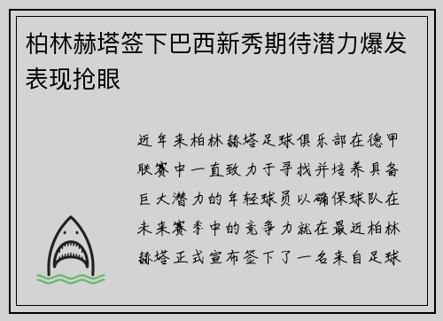 柏林赫塔签下巴西新秀期待潜力爆发表现抢眼